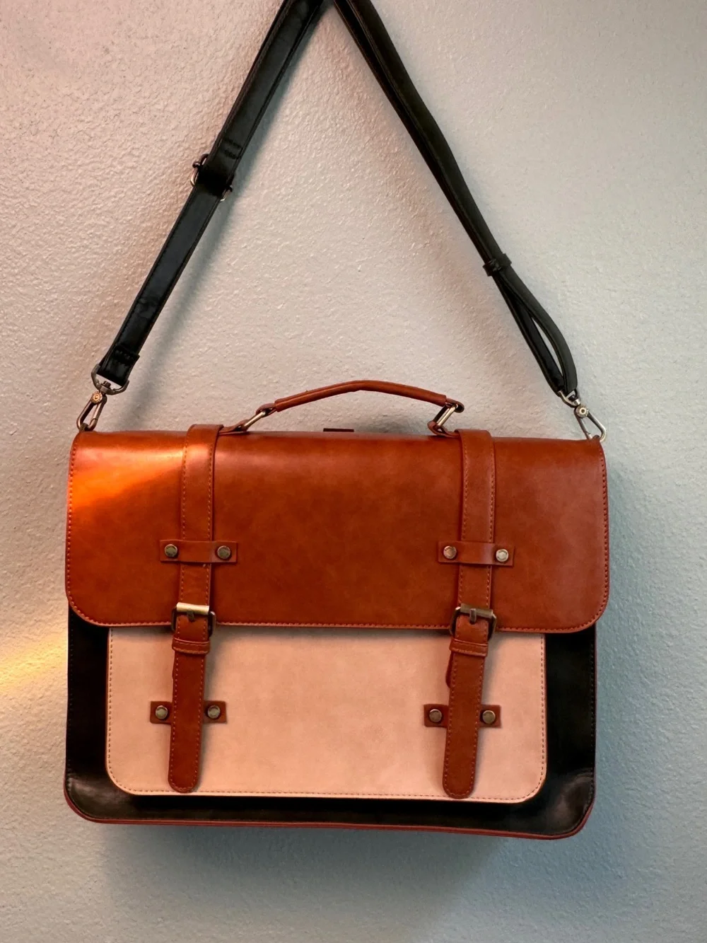 Three-Tone Chestnut Brown, Cream and Forest Green Leather Briefcase